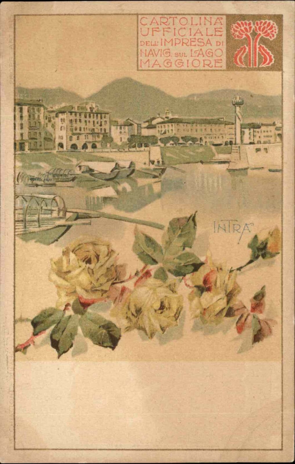 Intra Lago Maggiore Floral Border Art Nouveau Fine Lithograph c1900s Postcard