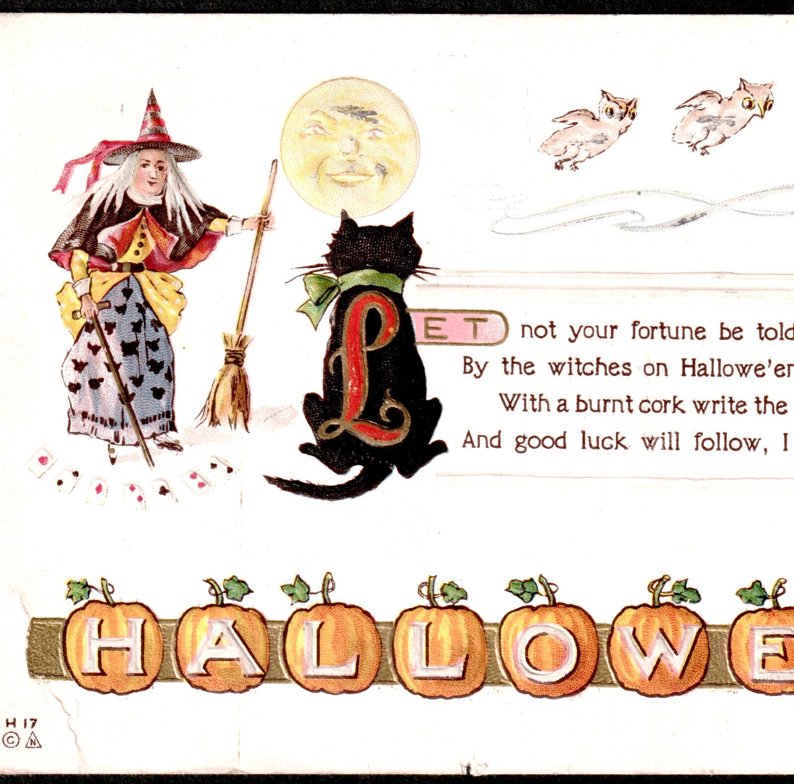 Halloween Witch Fortune Reading Card 1915 Nash H17 Pumpkin Cat Owl Moon PostCard