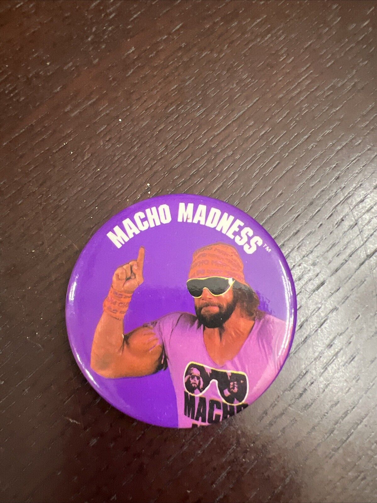 Vintage WWF Mancho Man RANDY SAVAGE, Macho Madness Purple Button/Pin