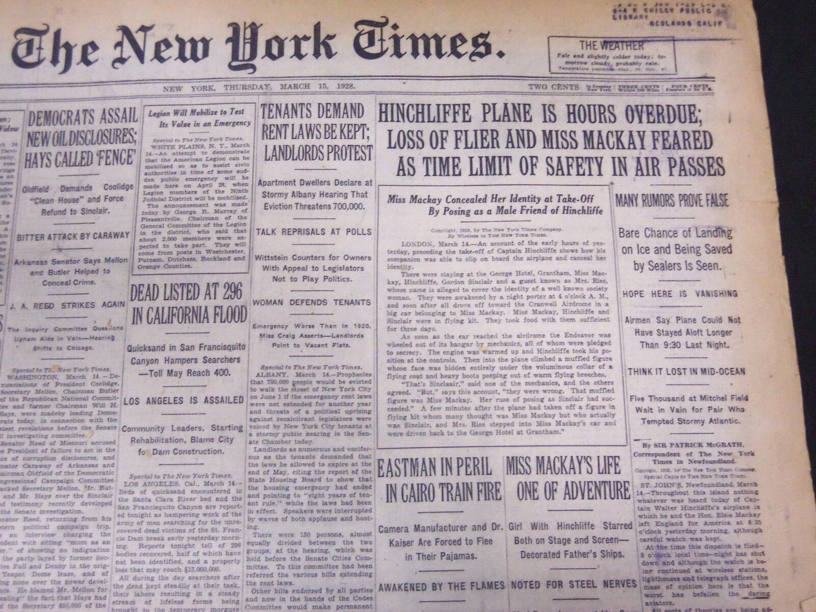 1928 MARCH 15 NEW YORK TIMES - HINCHLIFFE PLANE IS HOURS OVERDUE - NT 5361