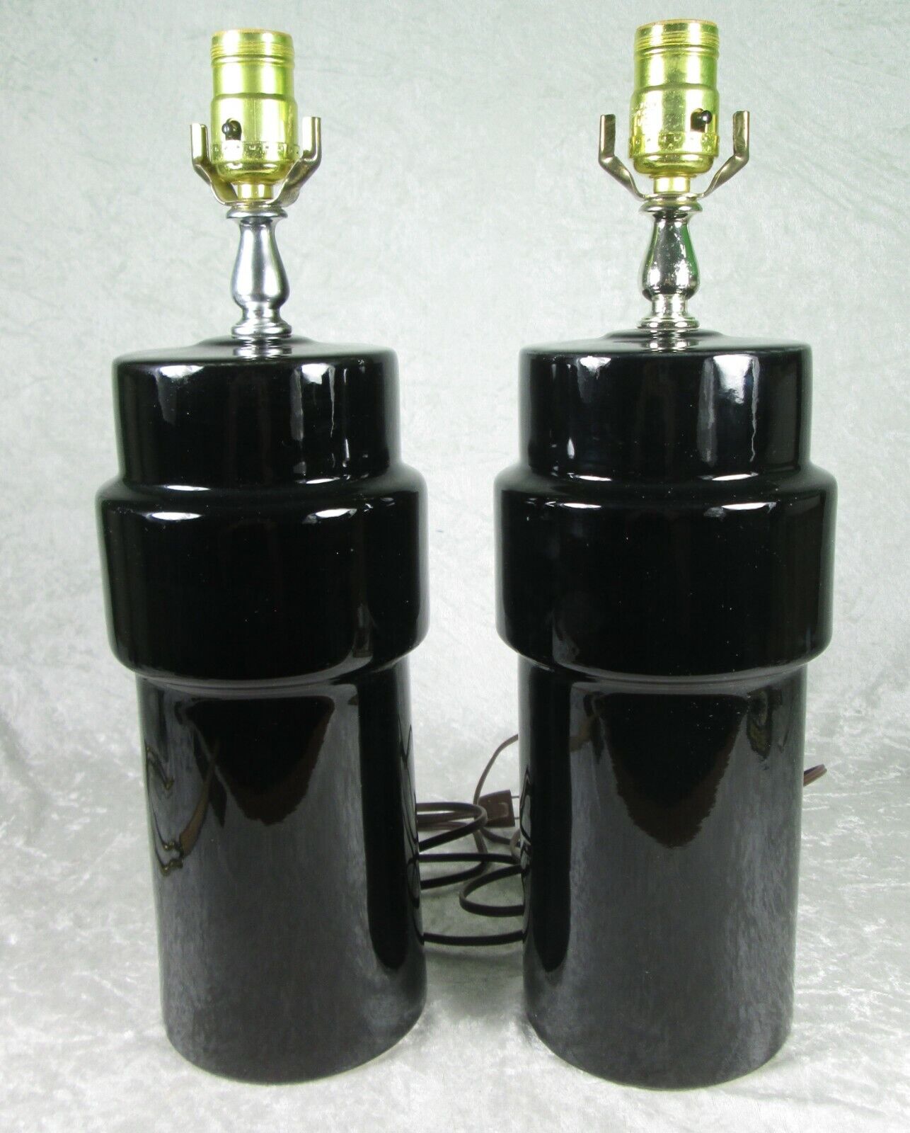 Pair Vintage Modernist Ceramic Lamps Pillar Totem Glossy Black 25-1/4in Tall
