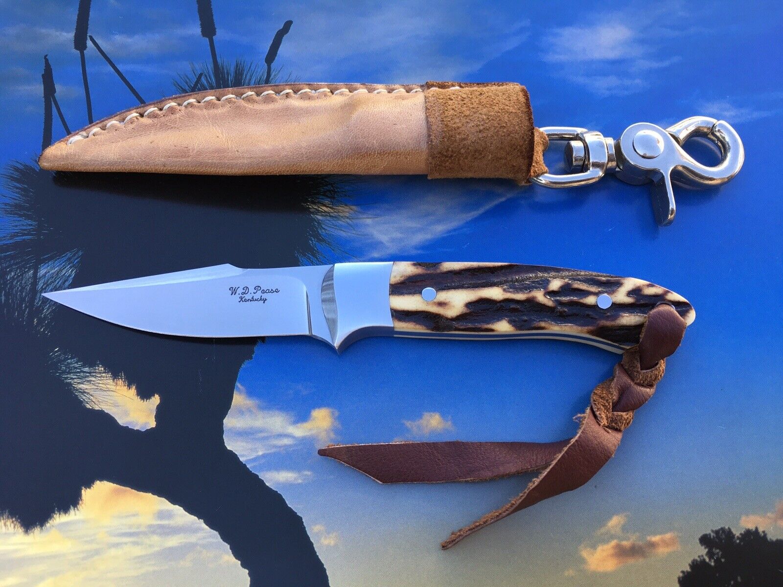 W. D. PEASE CUSTOM FIXED BLADE CLIP POINT KNIFE  STAG HANDLE  DANGLER SHEATH USA