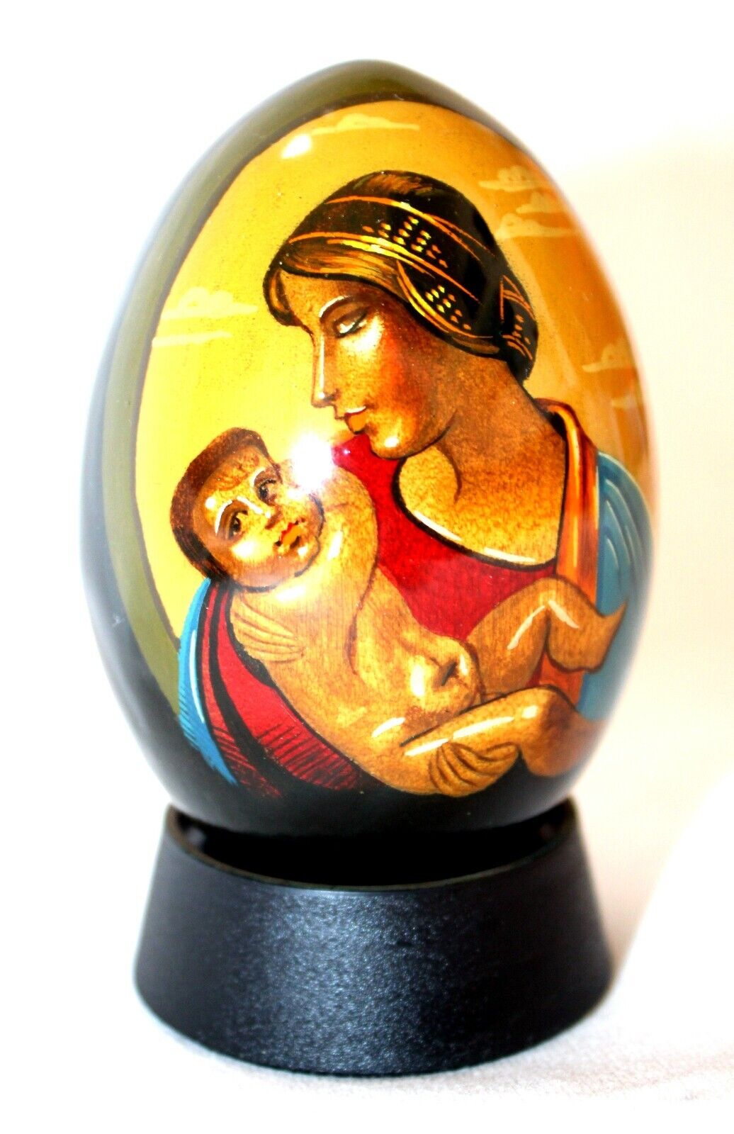 Vintage Belarusian Intricately Painted Wooden Religious Egg Madonna & Child #96
