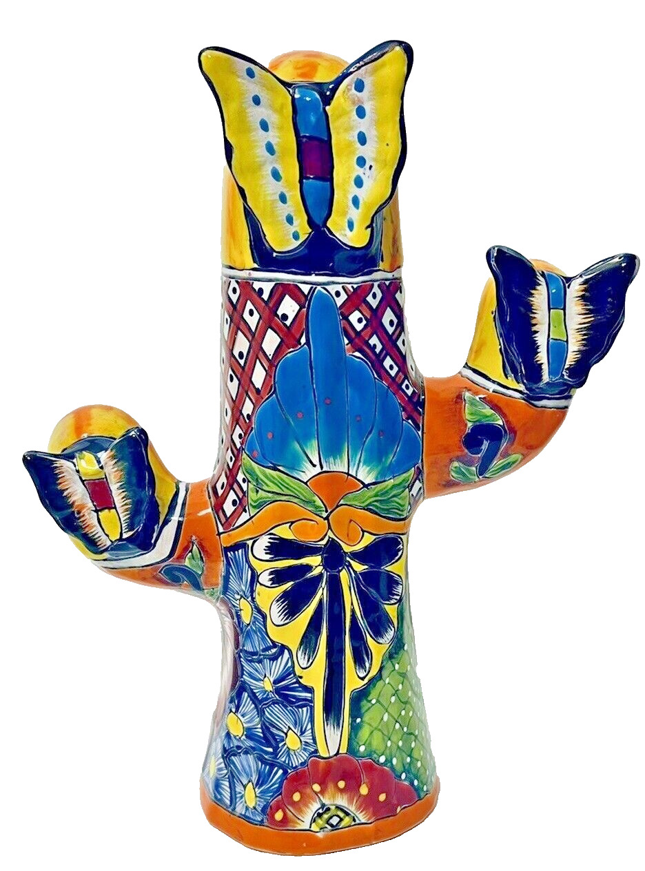Talavera Cactus Butterfly Mexican Figure Pottery Saguaro Folk Art XL 17\