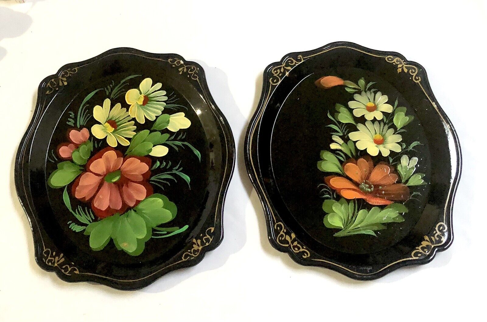 Vintage Tray Russian Tole Black Hand Painted Tray Flowers Gold Trim Plastic  ...