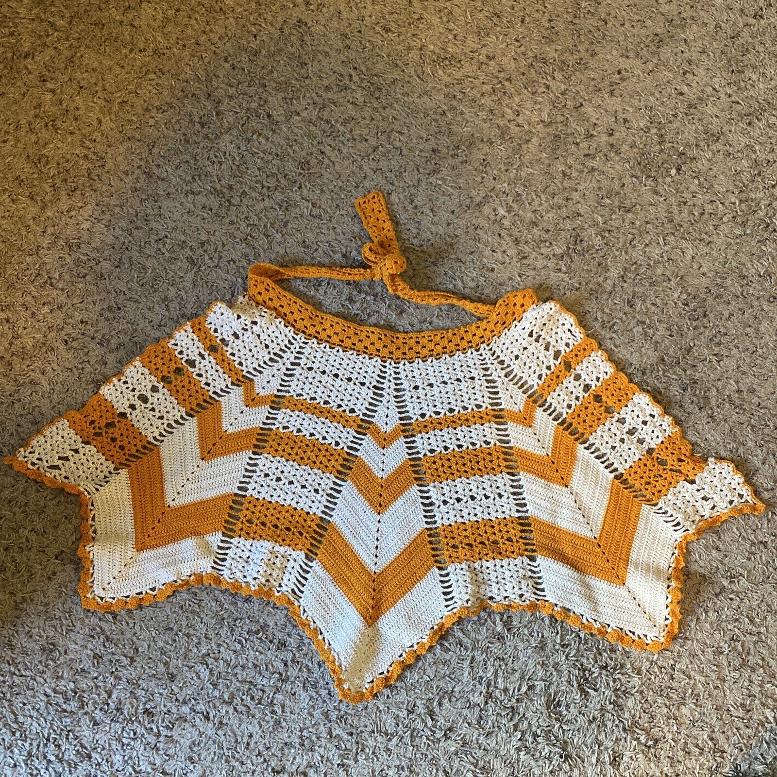Vintage Handmade Crochet Tie Back Apron Orange Beige Panels
