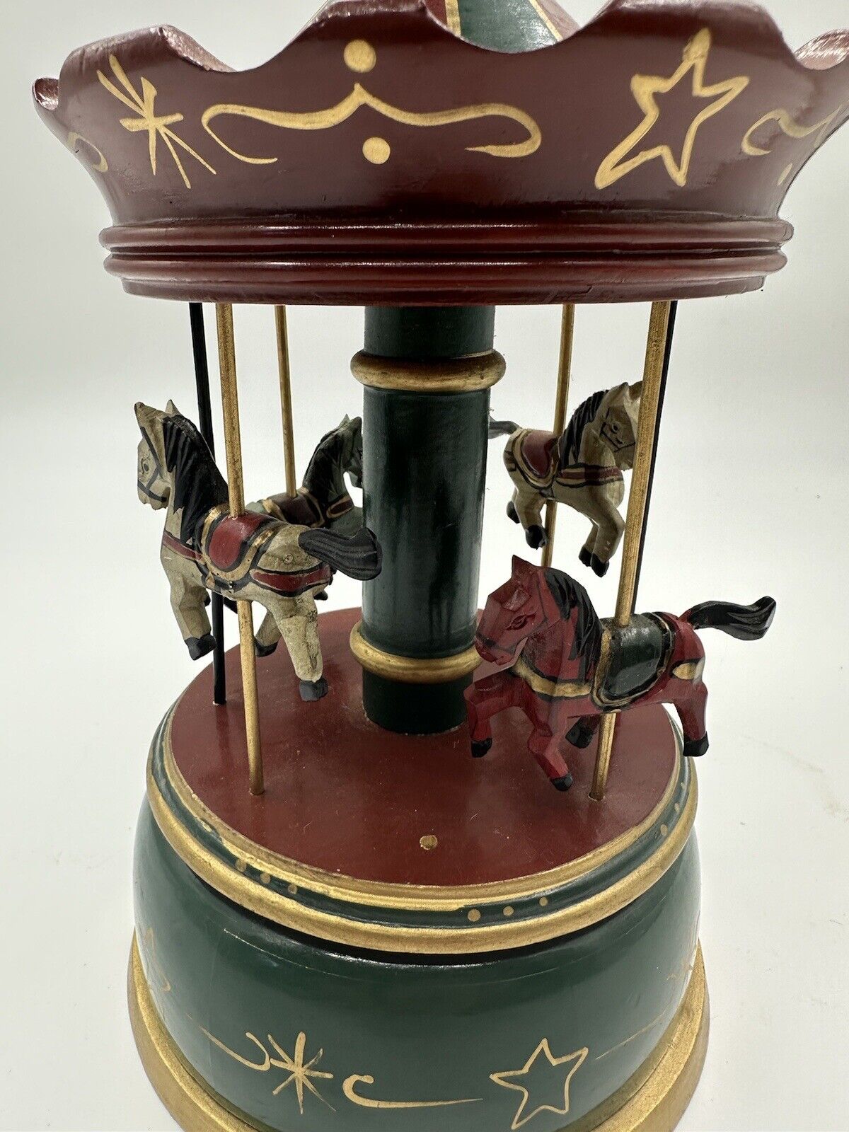 Vintage Carousel Merry-Go-Round Music Box Carved Wood Horses ca 1970s-80s