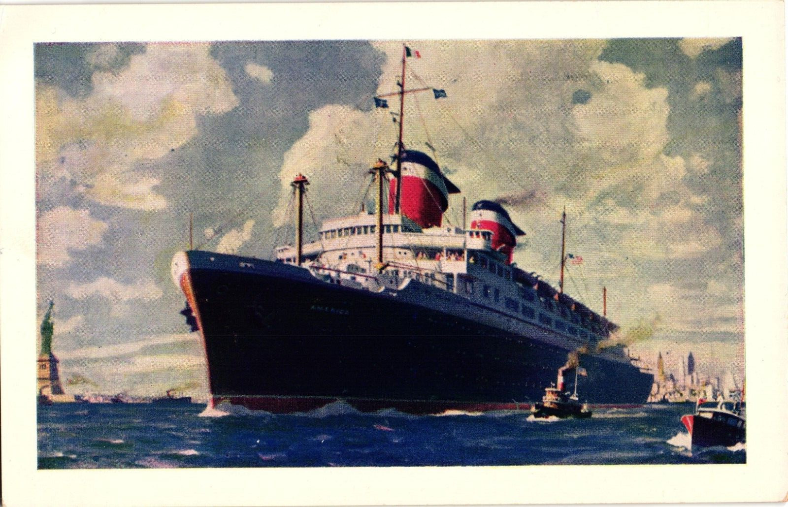 SS America Ship American Flag Luxury Liner Cruise Ship Painting Postcard UNP