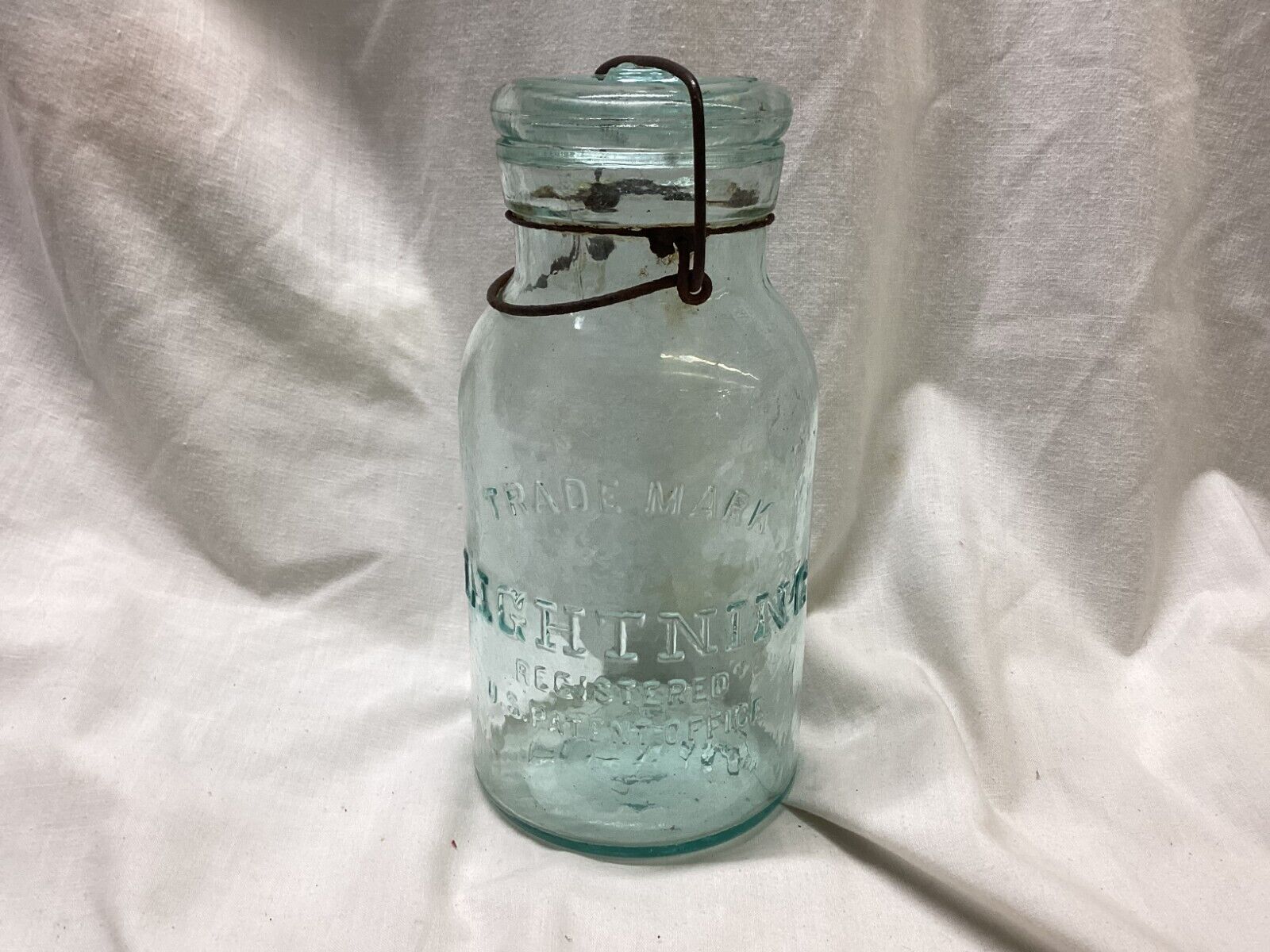 Antique Aqua Quart Putnam 35 LIGHTNING Fruit Jar Canning Jar w Glass Lid