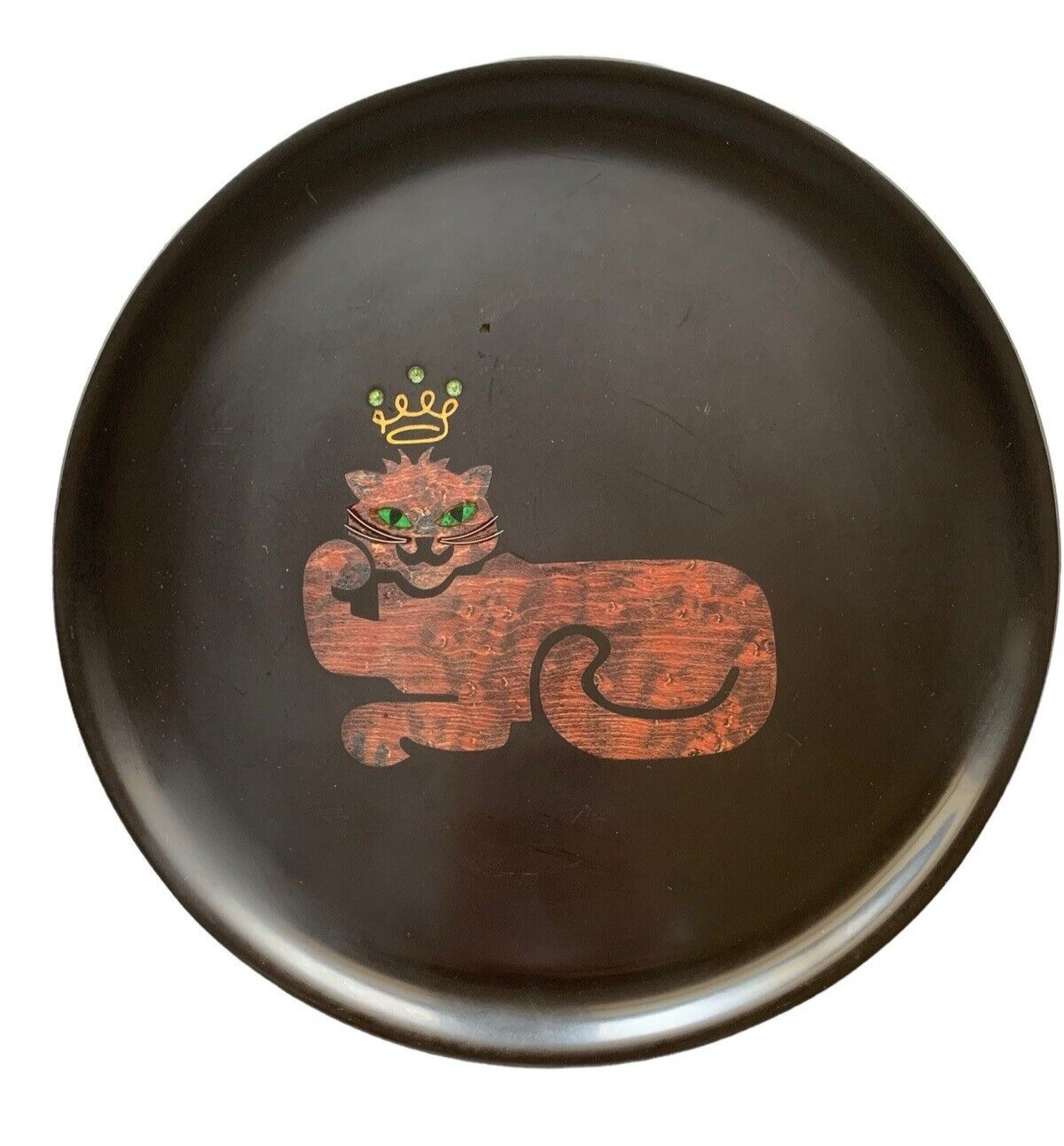 COUROC OF MONTEREY Plate Cat Tiger? King Crown Inlaid Motif MCM 60s 70\'s VTG USA