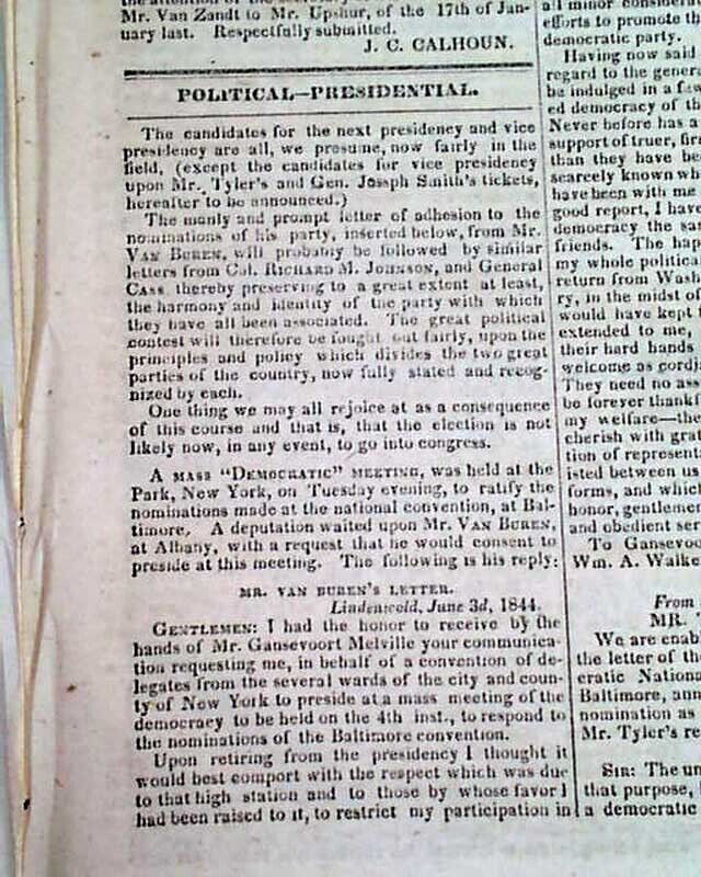 JOSEPH SMITH Mormons Latter Day Saints Running for U.S. President 1844 Newspaper