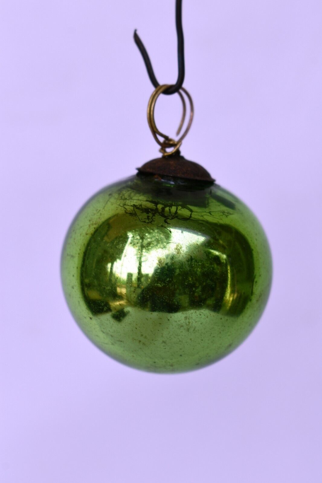 Antique German Kugel Ornaments Green Glass Ball Mercury Brass Cap Christmas\