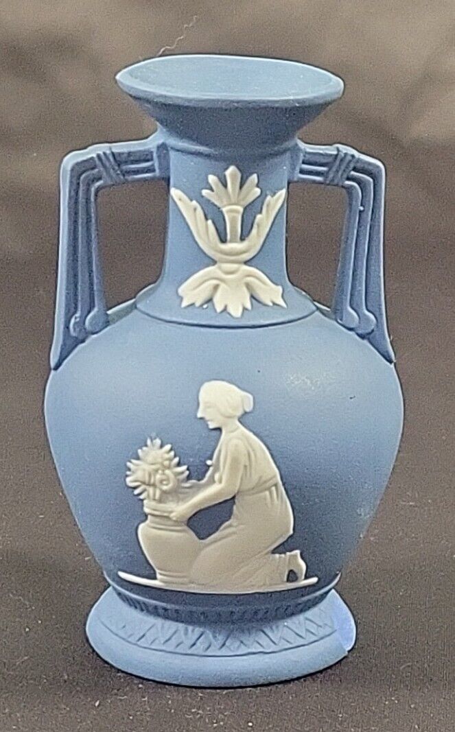 Antique Miniature Jasperware Wedgewood Blue Vase White Cameo Japan 4\