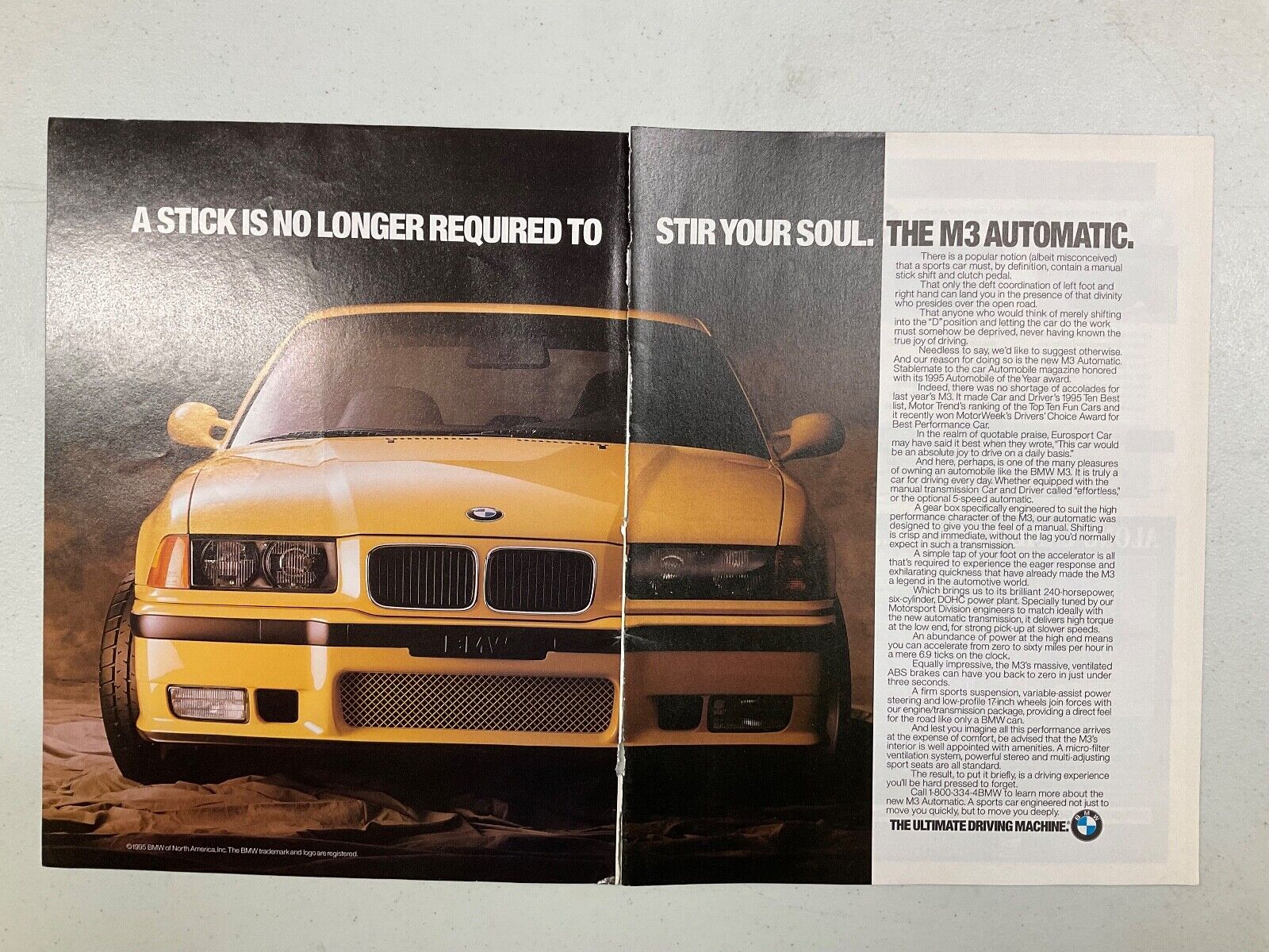 MISC1282 Vintage Advertisement 1995 BMW M3 Automatic 2 page 2 piece