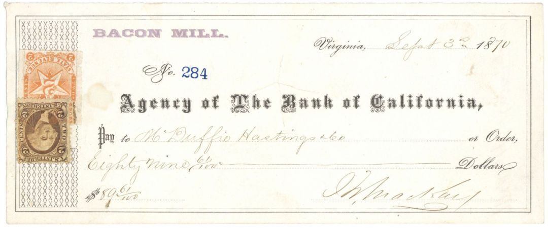 John W. MacKay signed 1870 dated California check - Western Mining Magnate - Aut