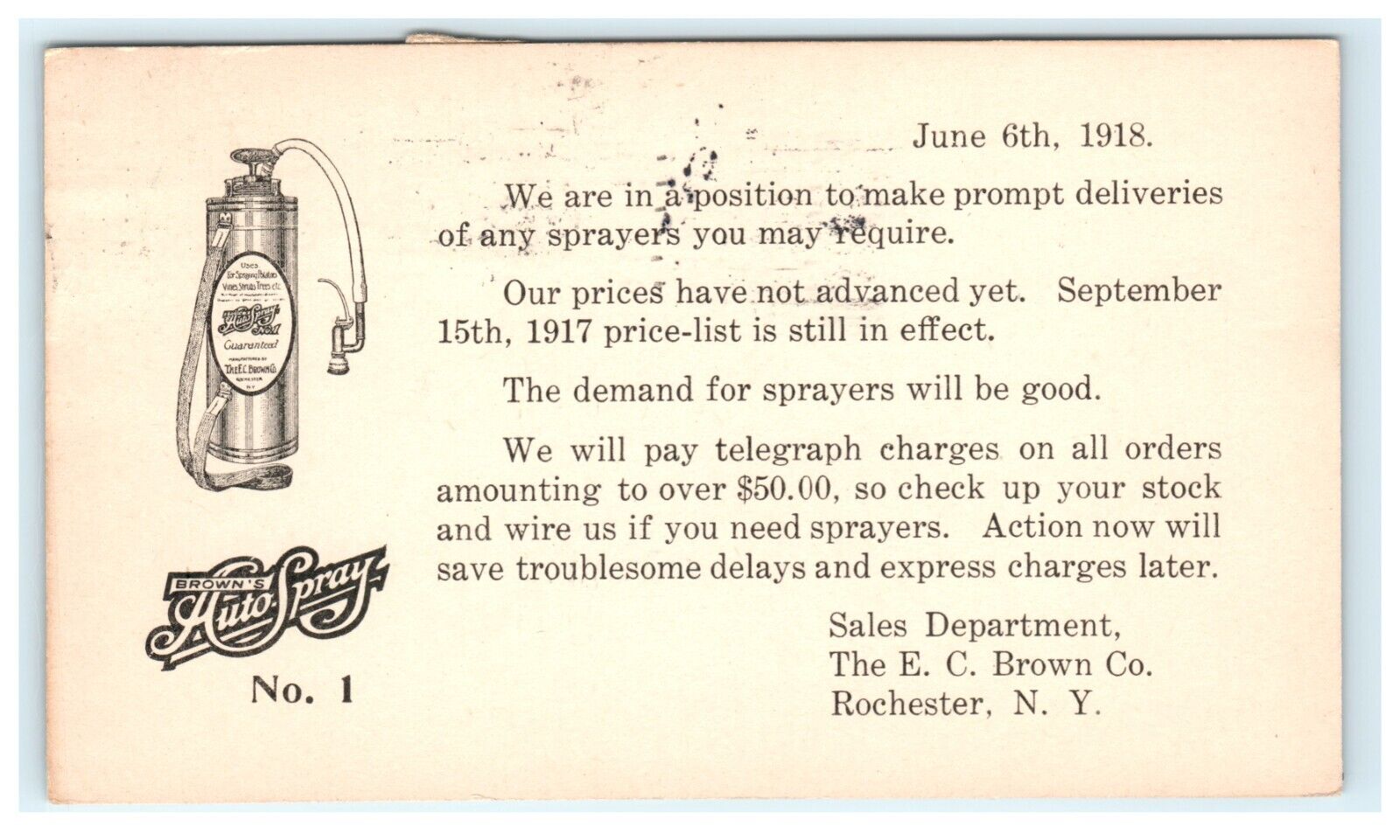 1918 Brown's Auto Spray No 1 Rochester NY Advertising To CT Agricultural