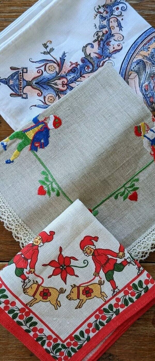 Lot Linen Cotton Tea Towels Kitchen Sweden Souvenir Embroidery Carl Larsson NEW