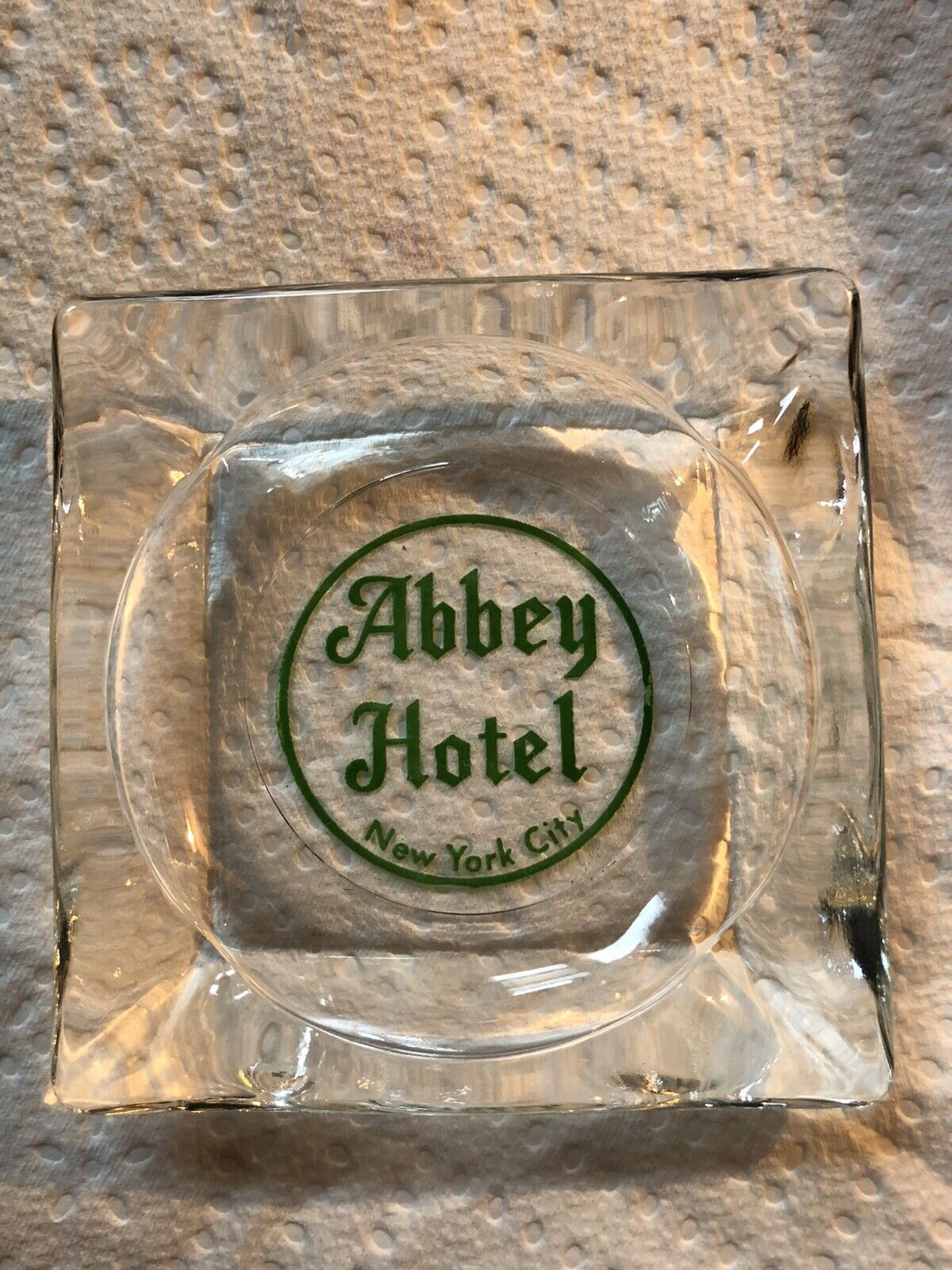 ABBEY HOTEL NYC VINTAGE RARE ART DECO SQUARE GLASS ASHTRAY CIRCA 1938