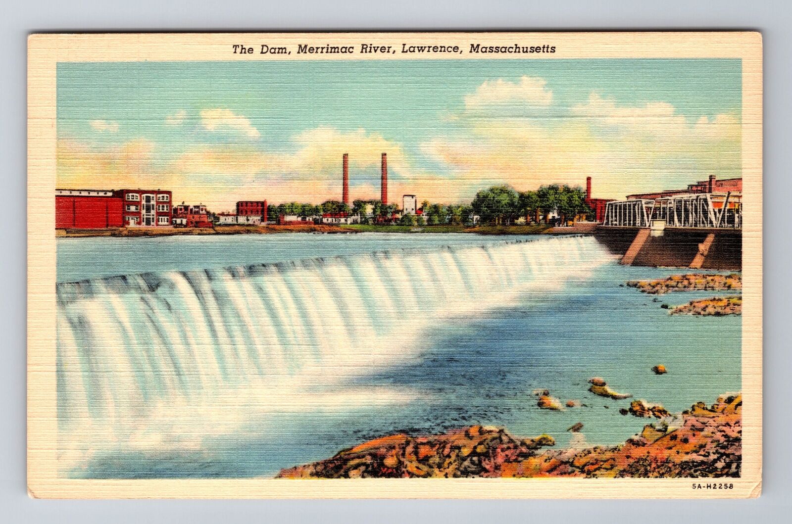 Lawrence MA-Massachusetts, The Dam, Merrimac River, Vintage Souvenir Postcard