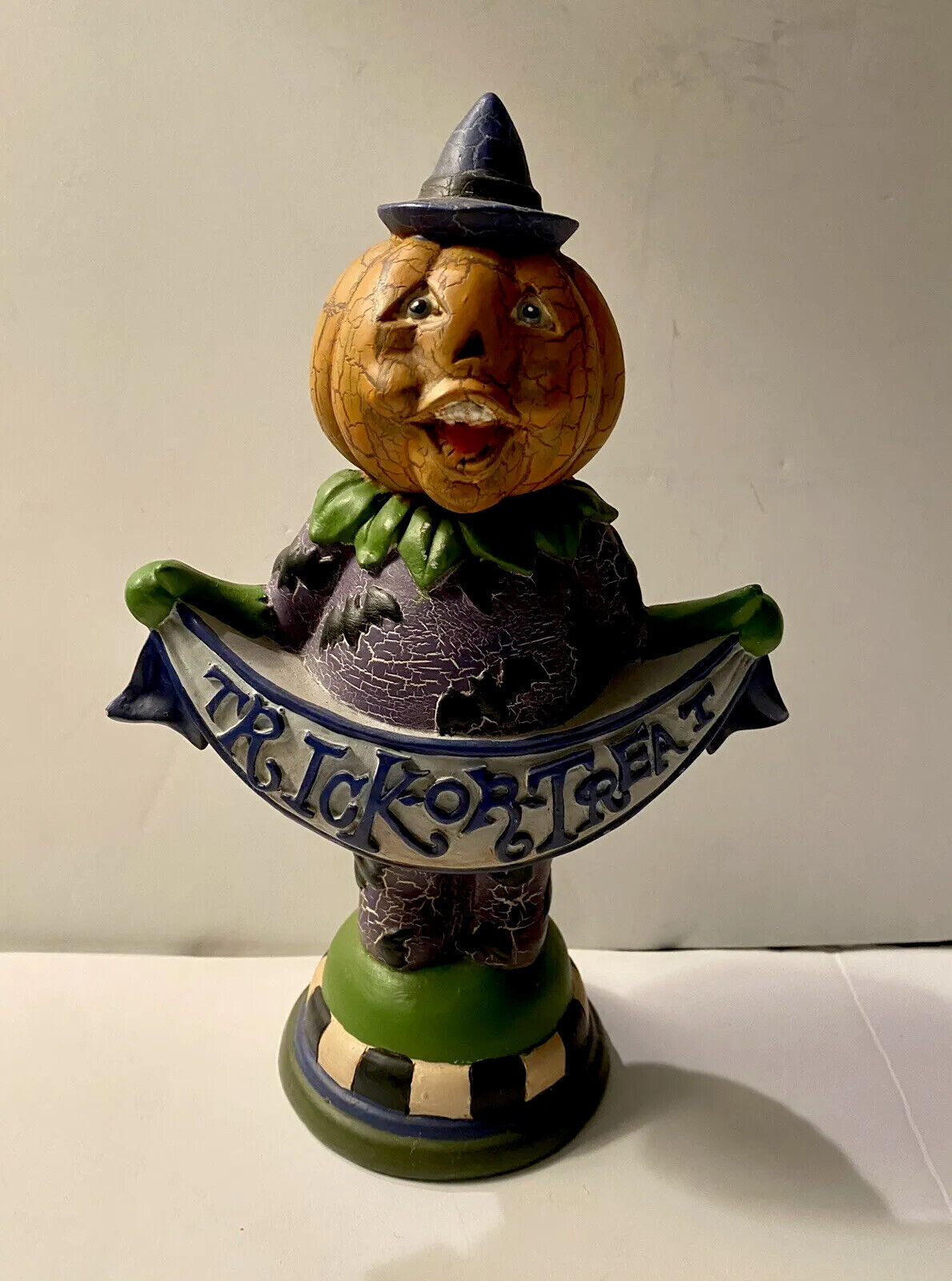 Halloween Mackenzie Childs Style Folk Art Pumpkin Head Trick or Treat Figure Bat
