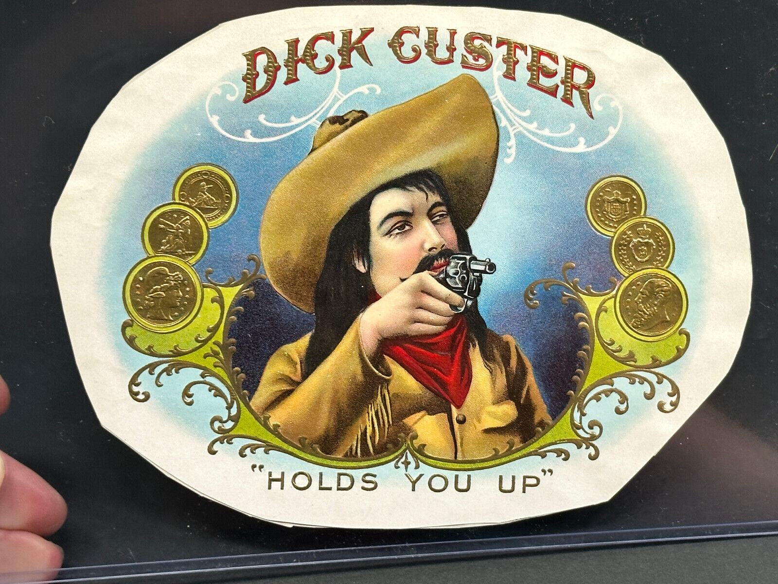 Original Dick Custer Cigar Box Label western cowboy pistol embossed trimmed
