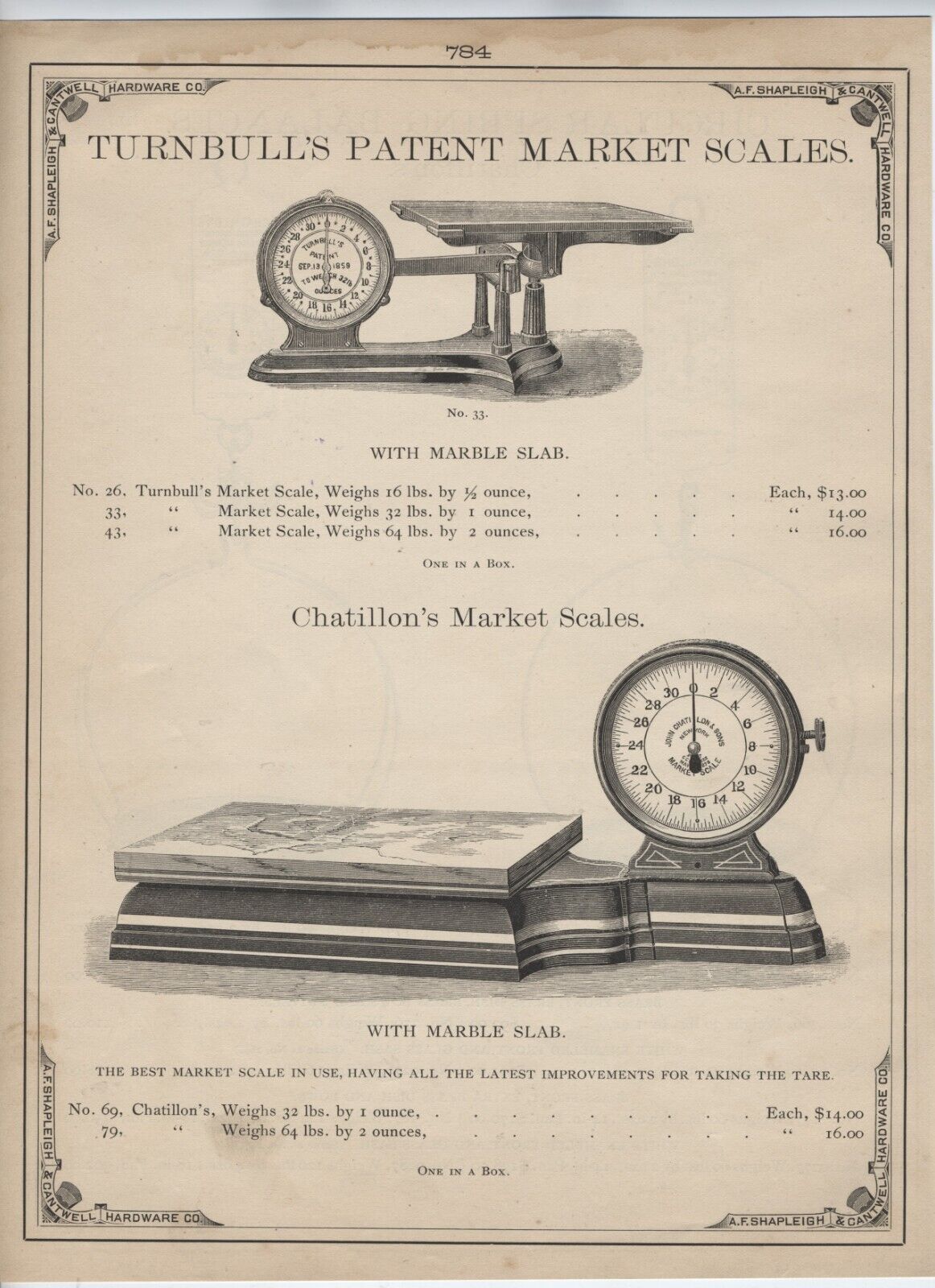 1883 CATALOG PAGE A F SHAPLEIGH HARDWARE. ST. LOUIS MISSOURI, MARKET SCALES