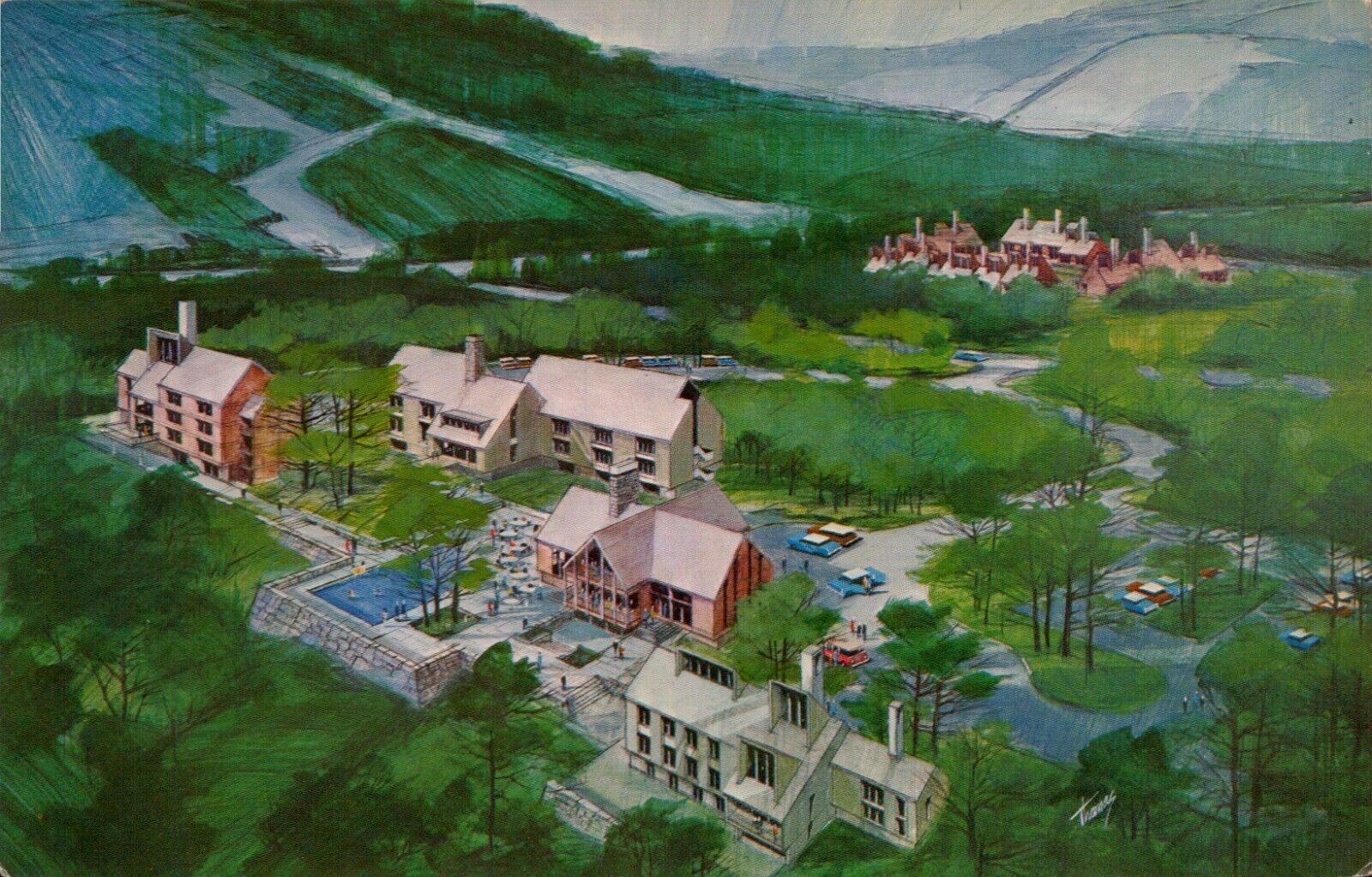 Postcard Waterville Valley Ski Area New Hampshire Artists Concept aerial