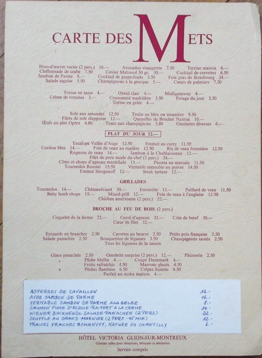 Glion sur Montreux, Switzerland 1980s Restaurant Menu, Hotel Victoria, Swiss