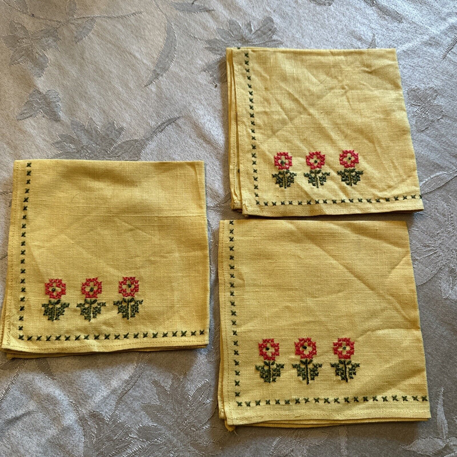 vintage embroidered cocktail napkins linen Set Of Three Gold Yellow Linen Flower