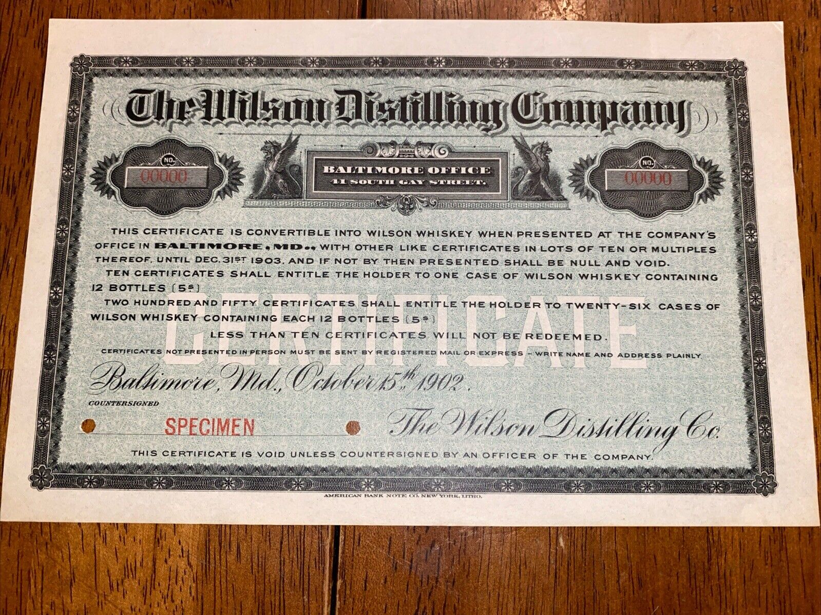 Rare 1902 Wilson Distilling Co. whiskey Purchase Certificate Baltimore, MD