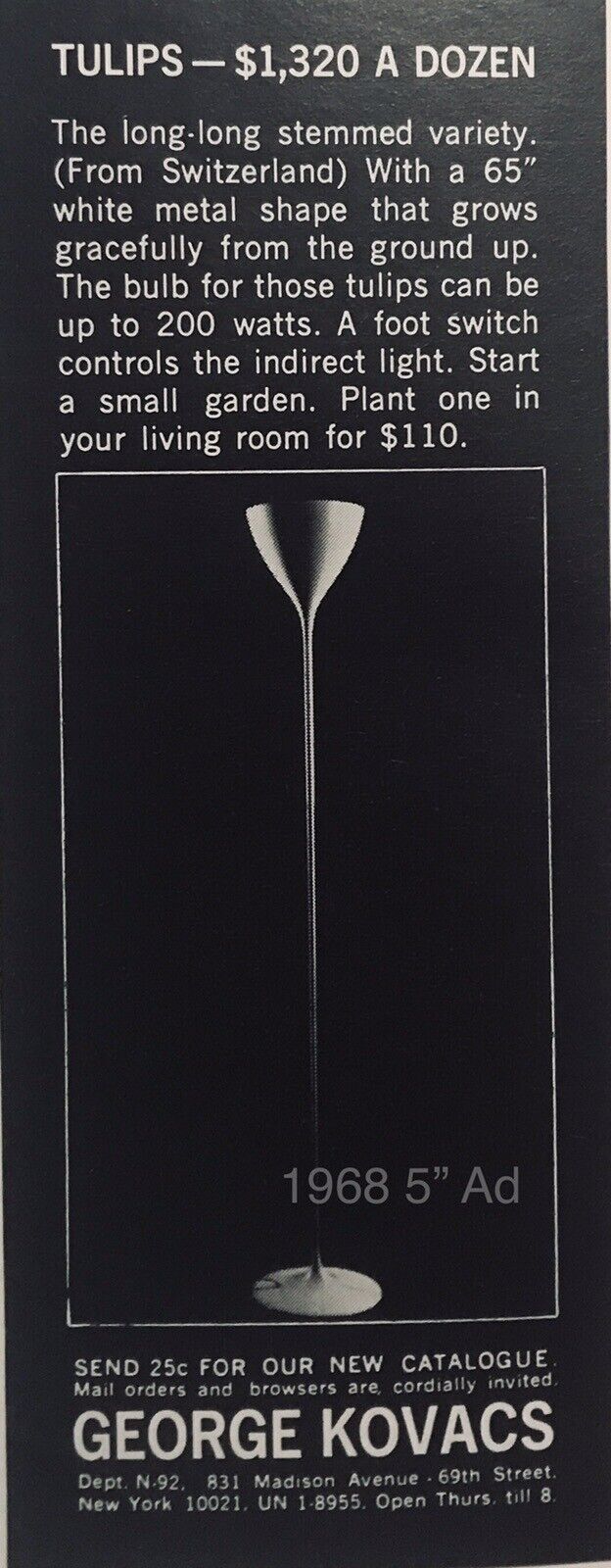 1968 AD FOR George Kovacs Tulip Floor Lamp PRINT AD 5” Vintage