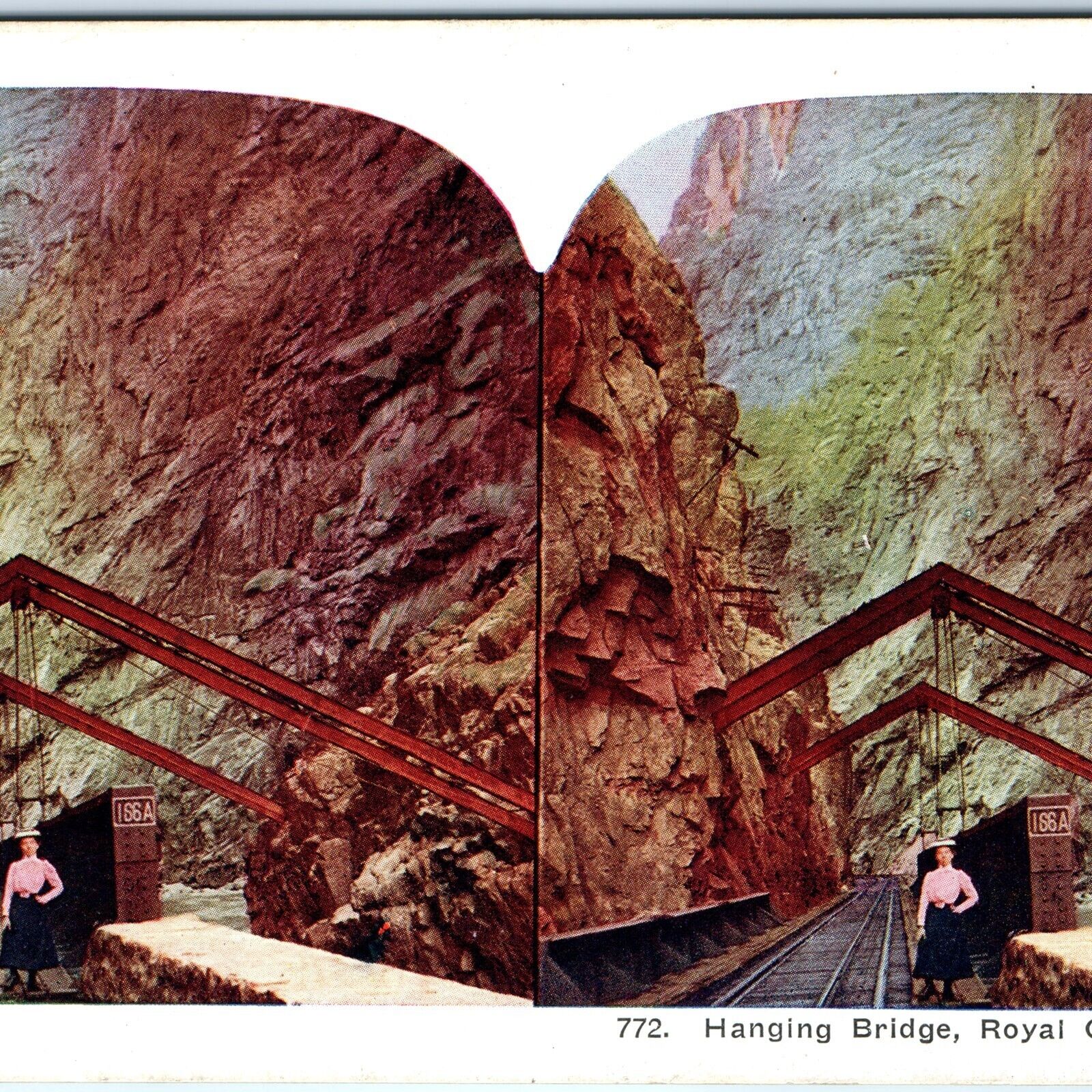 c1900s Royal Gorge, Colorado Hanging Bridge Woman Train Railway Stereo Card V19