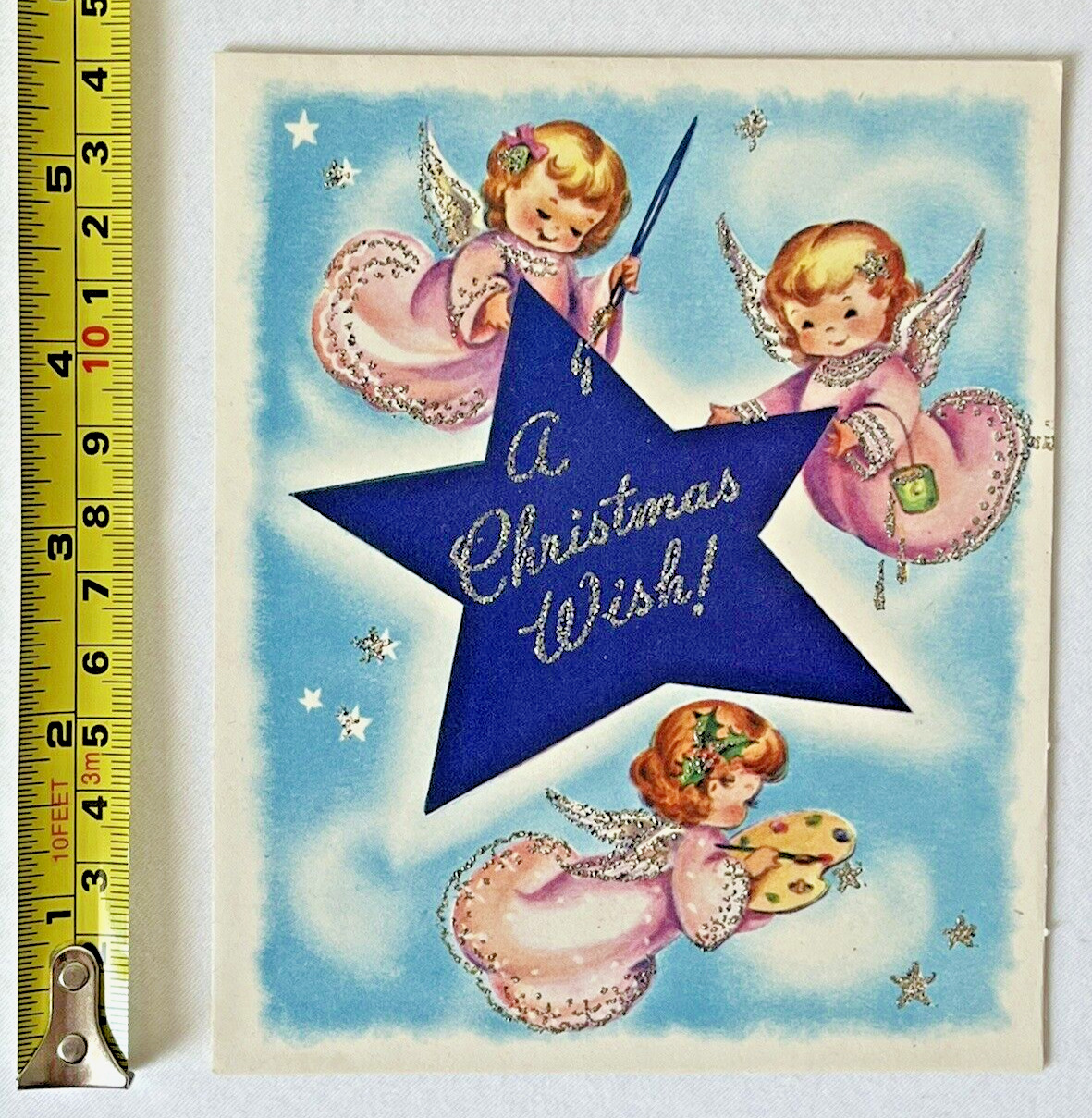 Vintage 50s Christmas Card Cherub Baby Angels Die Cut Silver Glitter Greeting