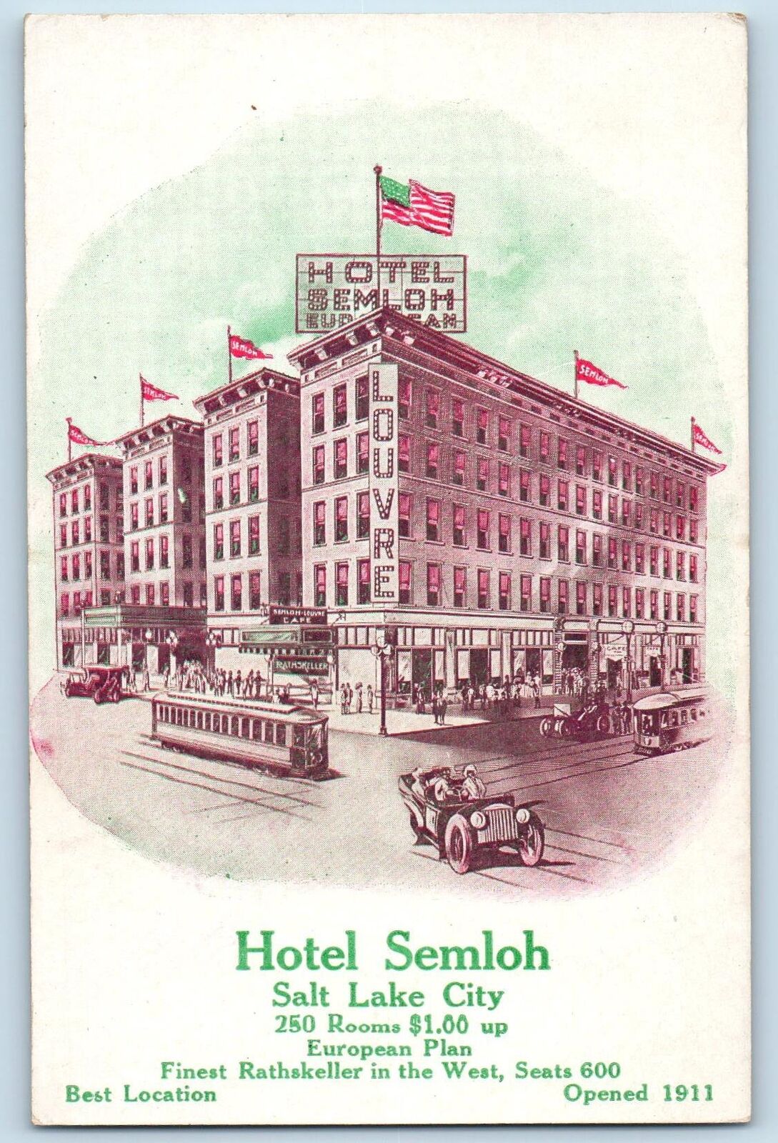 c1910 Hotel Semloh & Restaurant Building Salt Lake City Utah Advertising Postcar