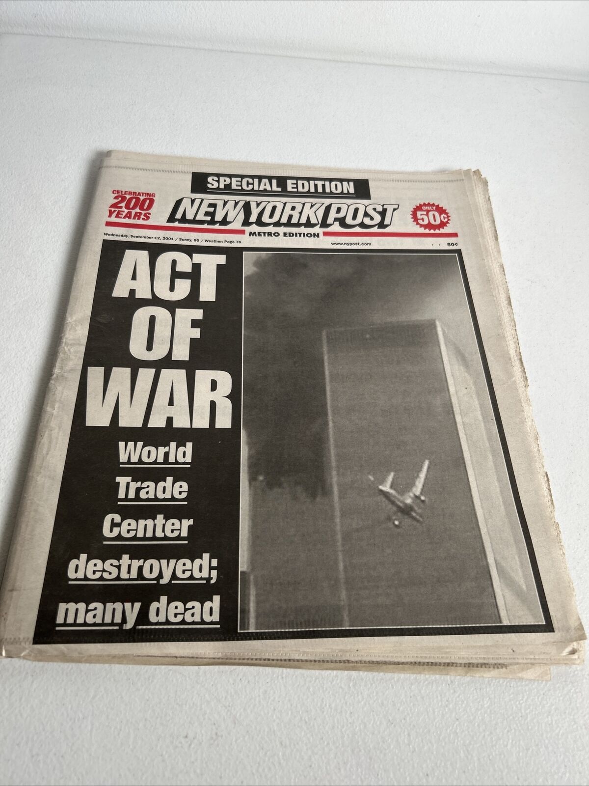 NEW YORK POST SEPT 12 2001 ACT OF WAR SPECIAL EDITION 9-11 WORLD TRADE CENTER
