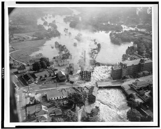 Factory ruined,fire,flood,natural disasters,damage,Putnam,Connecticut,CT,c1950