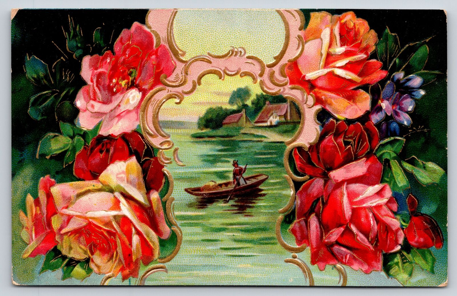 Greetings~Bright Bold Red Pink Roses~Man In Boat In Pink-Gold Portal~Emb~Vtg PC