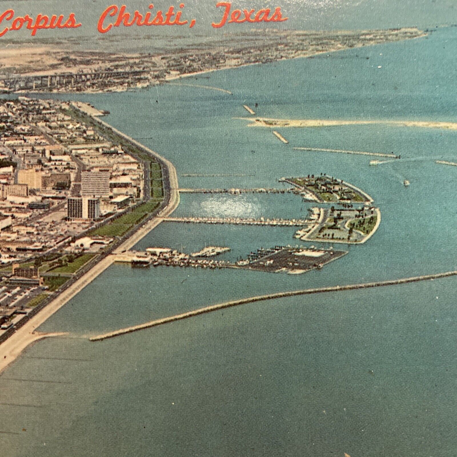 Postcard TX Greetings from Corpus Christi Texas Skyline Arial View & T-Heads VTG