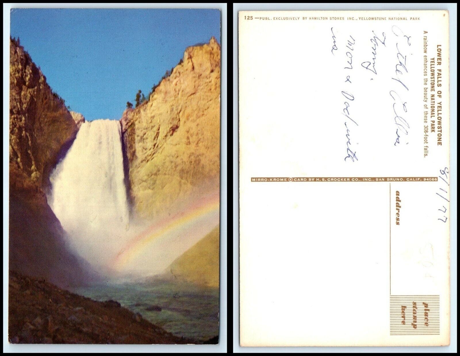 YELLOWSTONE NATIONAL PARK Postcard - Lower Falls Showing Rainbow FZ6