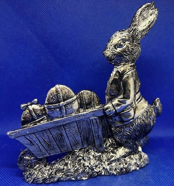 Vintage Easter Bunny Antique Finish Pushing Wagon Wheelbarrow