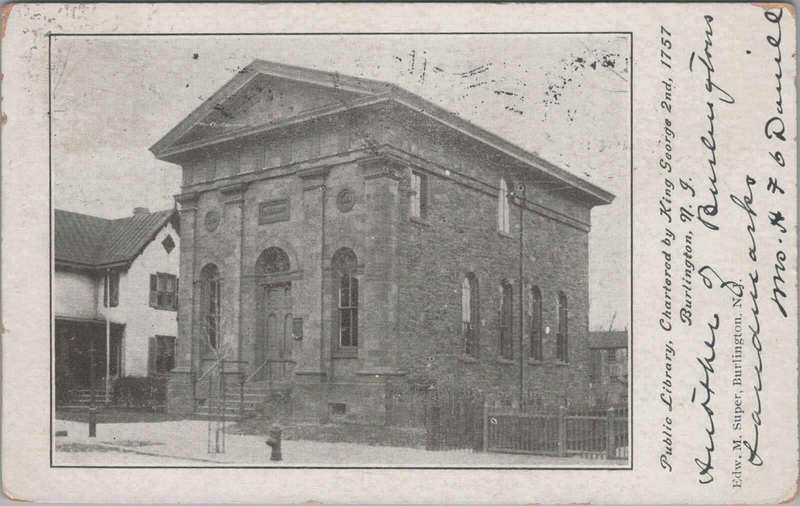 Postcard Public Library Chartered King George 2nd 1757 Burlington NJ 