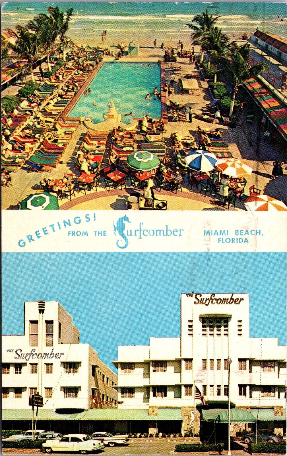1963 Greetings From Surfcomber Hotel Miami Beach Fla. Dual View Pool Postcard 8E