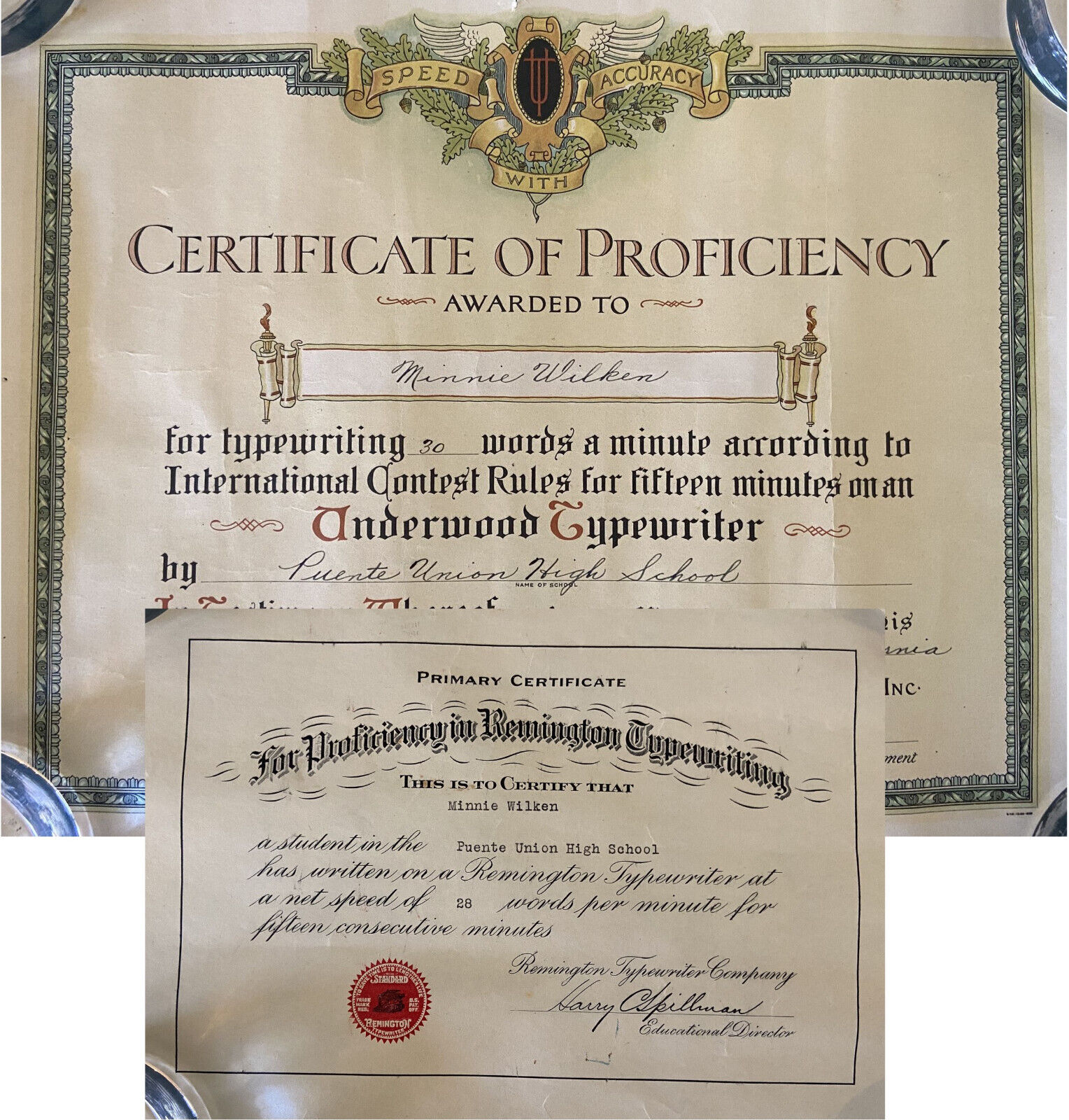2 Antique Typewriter Certificates Remington Underwood 1927 Course Completion