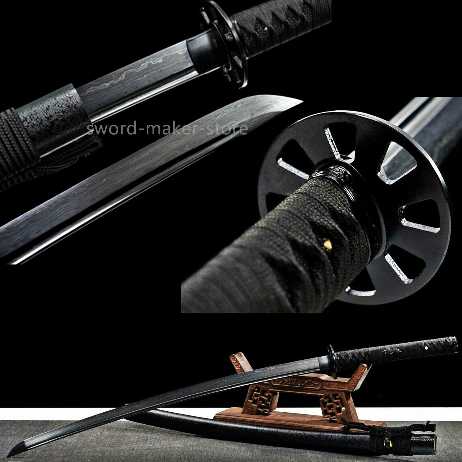 Black Handmade Japanese Samurai Sword  Folded Steel  Blade Sharp