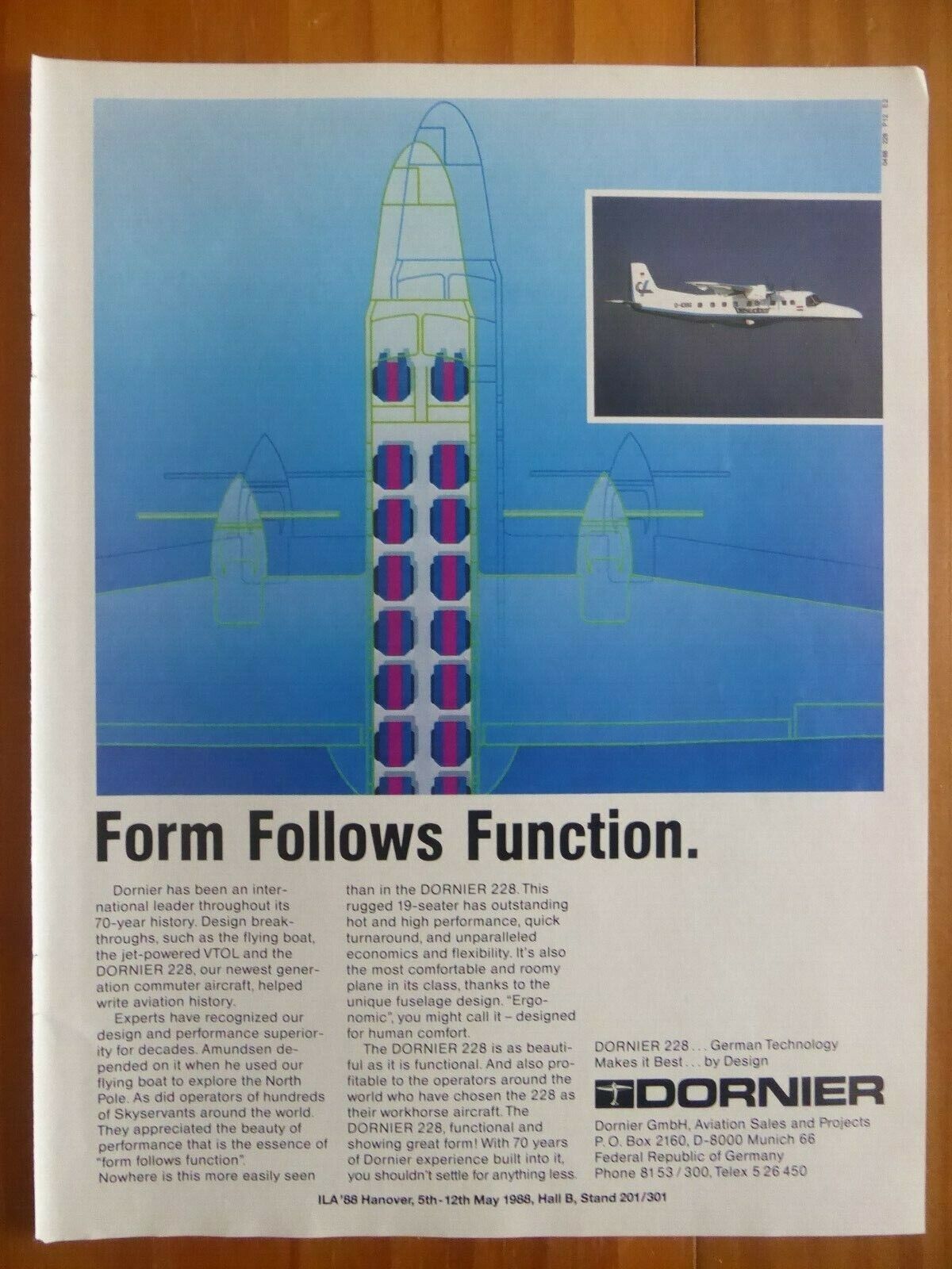 4/1988 PUB DORNIER 228 STOL AIRCRAFT PLANE ILA HANOVER VAYUDOOT ORIGINAL AD