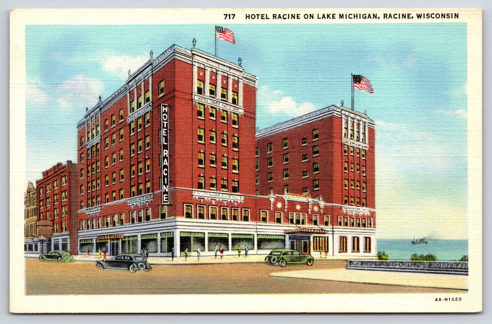 Racine WI-Wisconsin, Hotel Racine On Lake Michigan, Cars Vintage Linen Postcard