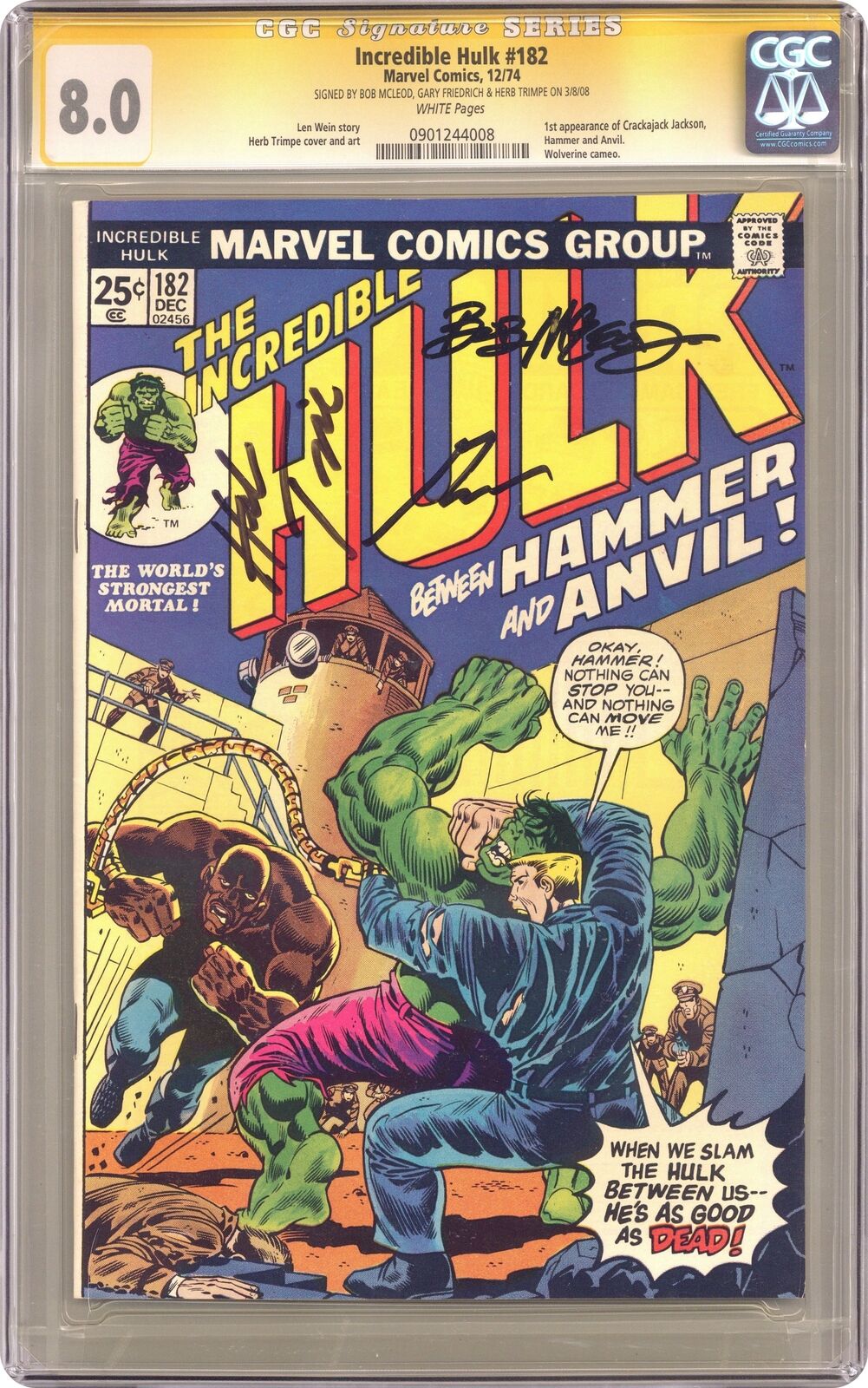 Incredible Hulk #182 CGC 8.0 SS McLeod/ Friedrich/ Trimpe 1974 0901244008