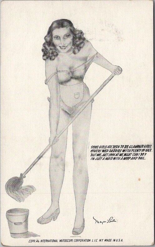 Artist-Signed MEYER LEVIN Mutoscope / Arcade Card Sexy Girl Mopping the Floor