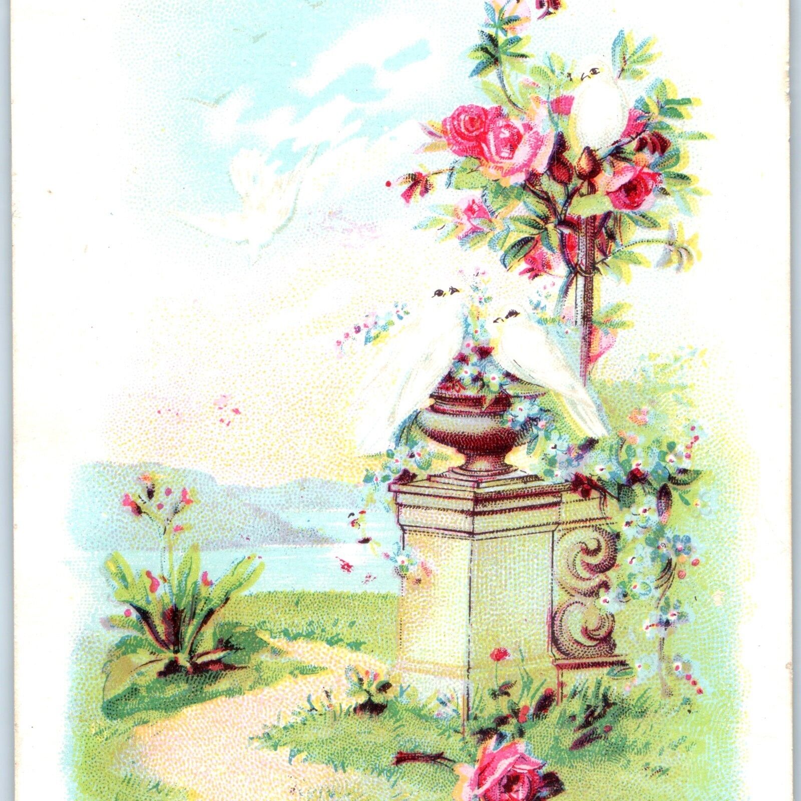 c1890s Lovely Heavenly Scene Trade Card White Birds Scrapbooking Rose Floral C35