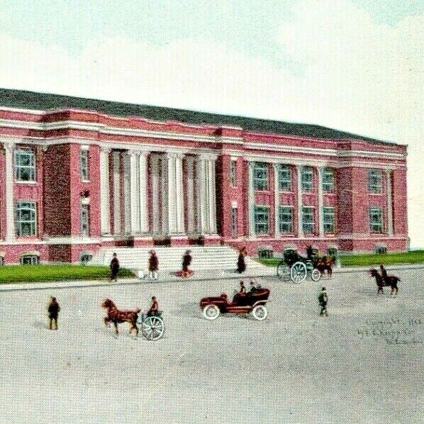 C.1908 Milwaukee, WI. Downtown. New Auditorium Stadium. Horse And Buggies. Cars.